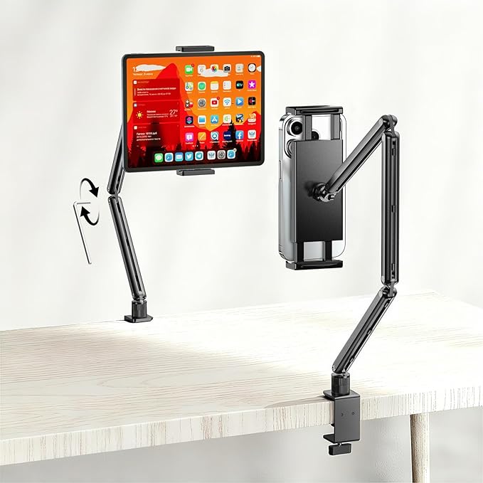 Urmust Tablet Stand for Desk, Adjustable iPad Holder Clamp Mount, 360° Rotation, Sturdy Aluminum Tablet Arm Mount for 4.7"-15.6" iPad Pro/Air/Mini, iPhone, Galaxy Tab, for Kitchen, Work, Video Call