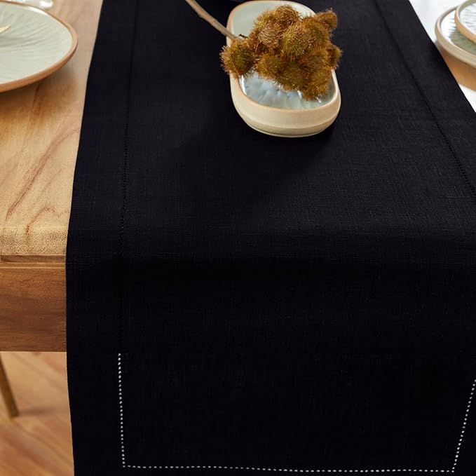 Solino Home Linen Table Runner 60 Inches - 100% Pure Linen Black Hemstitch Table Runner 14 x 60 Inch Ideal for Dresser and Coffee Tables - Winter - Medium Weight