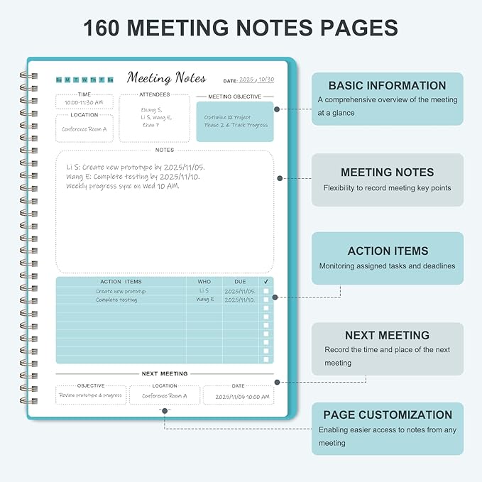 Meeting Notebook for Work Organization, Work Planner Notebook with Action Items, Project Agenda Planner for Note Taking, 160 Pages (6.9" X 9.9"), Office School Business Supplies for Women & Men