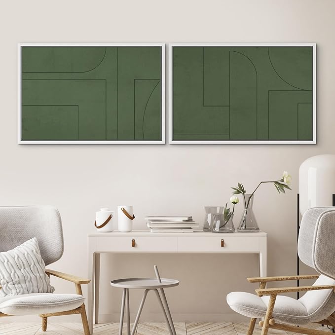 SIGNWIN Framed Canvas Print Wall Art Set Green Mid-Century Polygon Landscape Abstract Shapes Digital Art Modern Art Decorative Minimalism Vintage for Living Room, Bedroom, Office - 24"x36"x2 White