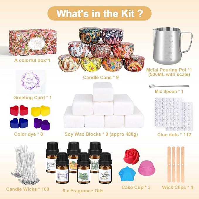 Trulloyoo Candle Making Kit for Adult, DIY Candle Making Supplies Include Soy Wax, Wicks, Candle Tins, Essential Oils, Dyes, DIY Arts & Crafts Gift for Kids, Beginners, Adults
