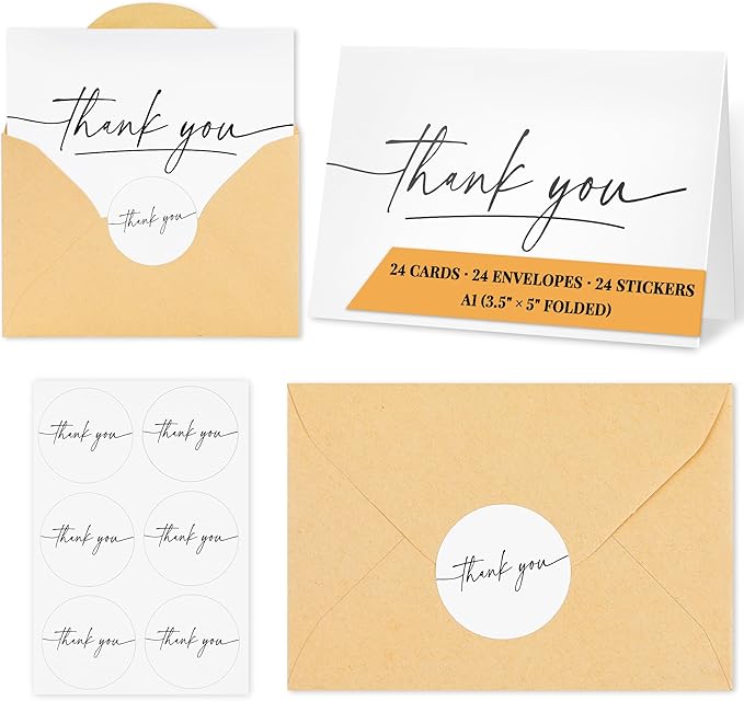 TONOS Thank You Cards with Envelopes, 24 Pack, 3.5x5 Inch, Blank Inside – Minimalist Thank You Notes for Wedding, Baby & Bridal Shower, Coworkers, Small Business