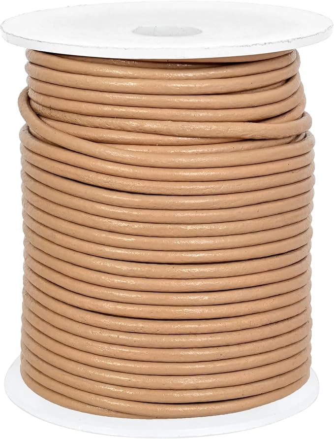 GENIQUE Real/Genuine Round Leather String Cord for Necklace, Bracelets, Jewellery, Braiding (Beige, 2mm)
