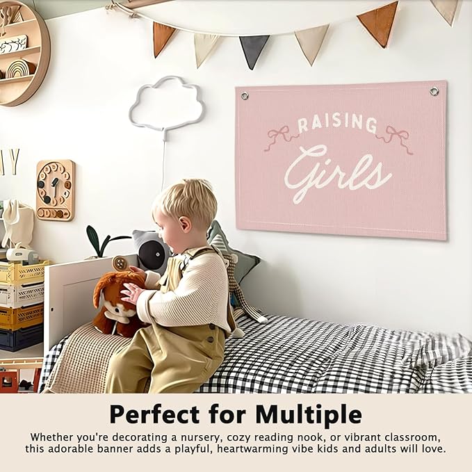 Coquette Pink Bow Raising Girls Preppy Room Decor - Linen Banner Wall Hanging Canvas Banner Flag Decor for Girly Nursery Toddler Playroom Bedroom Dorm Apartment