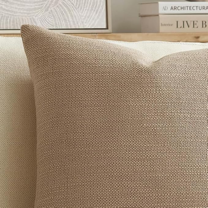 Meekio Set of 2 Linen Look Khaki Pillow Covers 18x18, Decorative Throw Pillow Covers for Couch, Sofa, Bed & Living Room Decor