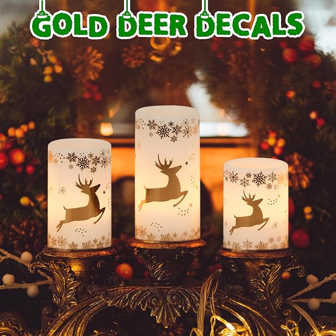 GenSwin Christmas Flameless LED Flickering Candles, Real Wax, Gold Deer, 3 Pack Pillar Fake Candles for Winter Indoor Fireplace Decor (D3' x H4'5'6')