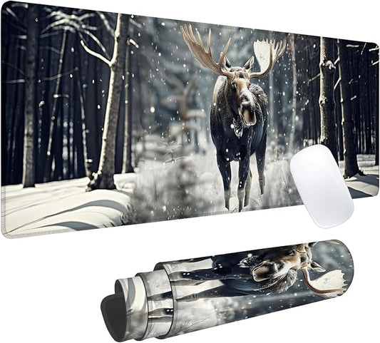 Winter Moose Gaming Mouse Pad, Office Desk Mat, Anti-Slip Rubber Base Cool Aesthetic Mouse Pads for Computer Laptop Keyboard School Home Desktop Gamer Home Accessories Decor 31.5" x 11.8"