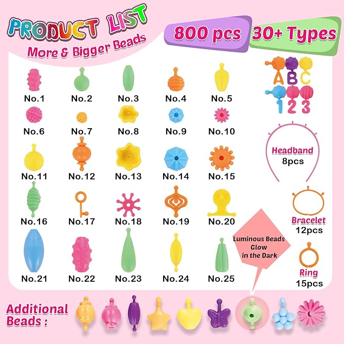 FUNZBO 850pcs Pop Beads - Jewelry Making Kit for 3 4 5 6 7 8 Year Old Little Girls, Arts and Crafts Toys for Kids, Necklace Bracelet Ring Hairband Creativity Snap Set Holidays Christmas Birthday Gifts