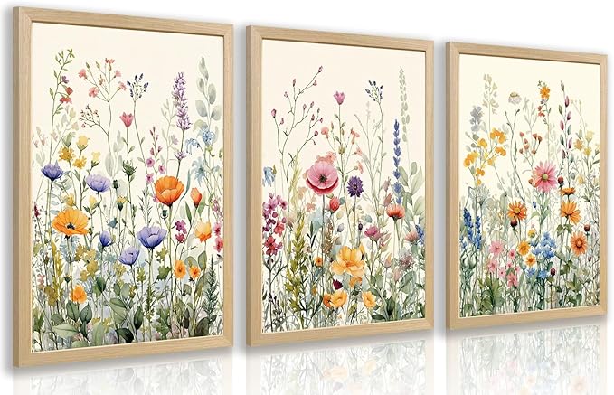 LLEEMPI Watercolor Floral Wall Art Set of 3, Colorful Wildflower Wall Decor, Modern Abstract Botanical Canvas Painting, Rustic Farmhouse Poster Print for Bedroom Bathroom Office Wood Framed 16x24 Inch