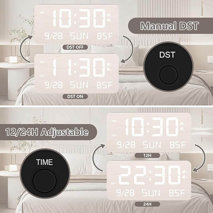 Wooden Digital Alarm Clock for Bedroom - Desk Clock with Date, Day of Week, Temperature, Dual Alarms, Dimmer, USB Port Charge, DST, Adjustable Volume for Living Room/Office Wood Decor (White)