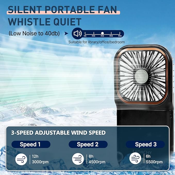 FADACHY Portable Fan,Rechargeable Personal Fan, 3000mAh Battery Operated Cooling 3 in 1 Electric Fan for Travel Camping