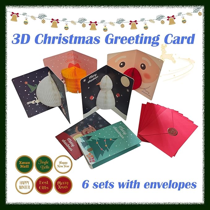 EAJASUCE 6 Set 3D Christmas Greeting Cards, Merry Christmas Cards Handmade Cards with Envelopes Xmas Gift Cards for Family