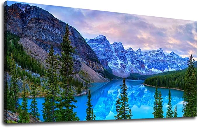 Mountain Lake Wall Art Living Room Wall Decor Banff National Park Nature Landscape Canvas Picture Blue Sky Water Forest Canvas Print Artwork for Bedroom Office Home Framed Ready to Hang 30" x 60"