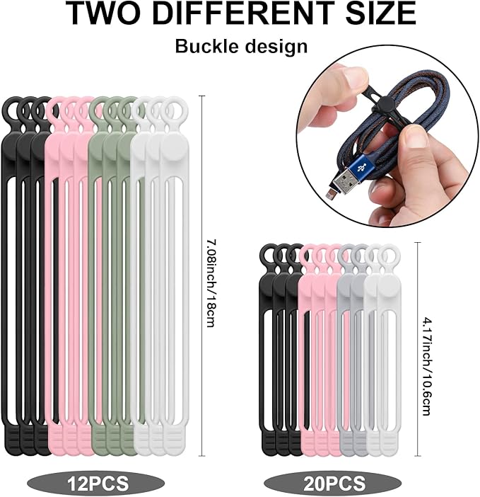 32Pcs Silicone Cable Ties, Data Cable Organizer Silicone Cable Straps Cord Ties Wrap Reusable Wire Organizers Elastic Cables Cord Management Organizers for Electronics, Home, Office, School, Travel