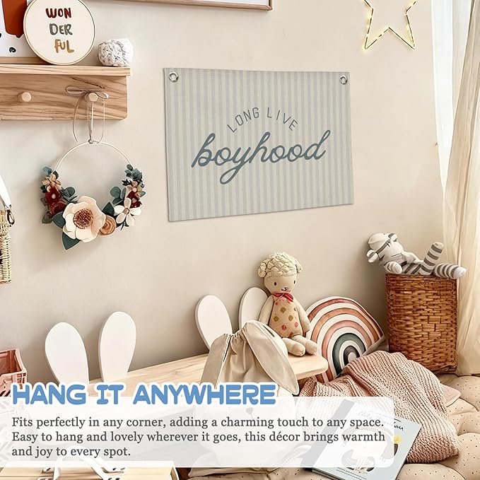 Long Live Boyhood Banner Wall Hanging, Boys Room Decor Wall Art,Preppy Blue Striped Wall Decor Hanging Print for Kids Boys Toddler Nursery Bedroom Playroom 30X20 Inch