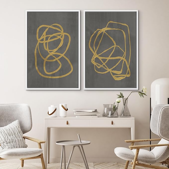 SIGNWIN Framed Canvas Print Wall Art Set Mid-Century Yellow Gray Polygon Collage Abstract Shapes Cozy Neutral Modern Minimalism Decorative Nordic for Living Room, Bedroom, Office - 16"x24"x2 White
