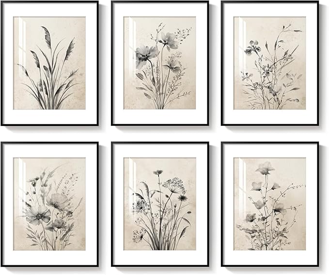 Framed Boho Vintage Botanical Wall Art, Set of 6 Black and White Floral Canvas Painting Prints with Mat for Farmhouse Living Room, Neutral Rustic Flower Artwork for Kitchen Bedroom Home Decor, 11x14