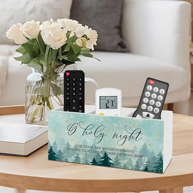 O Holy Night Christian Christmas Pen Pencil Holder Organizer for Desk Accessories, Nativity Christmas Rustic Winter Tree Holiday Wooden Box Sign Desk Decor for Home Office Decoration