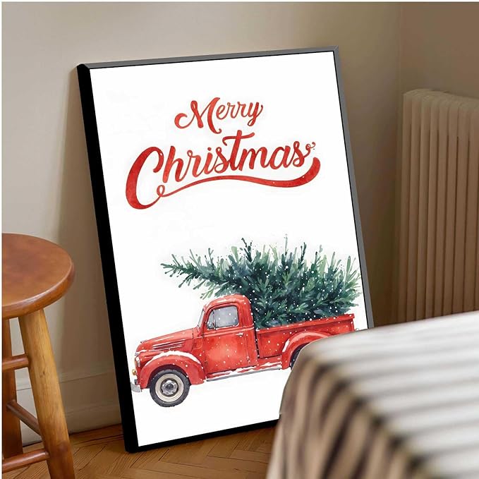 Framed Canvas Wall Art Christmas Truck Print Red Vintage Pickup Truck Christmas Tree Home Decor Holiday Wall Art Watercolor Painting 12x18in Metal blackFramed