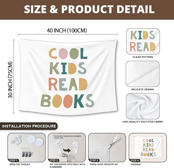 XLDLIOO Cool Kids Read Books Wall Tapestry, Boho Classroom Wall Tapestry Hanging for Home Library, Kids Tapestries Decor Art for Reading Room Corner Nook Classroom 40x30in