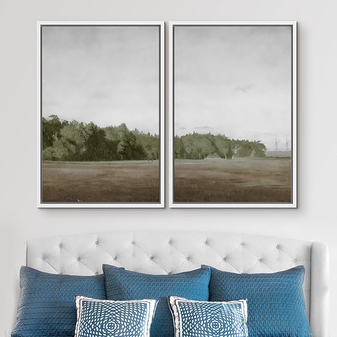 SIGNWIN Framed Canvas Print Wall Art Set Green Mountain Hill Forest Landscape Nature Wilderness Illustrations Fine Art Farmhouse/Country Minimal for Living Room, Bedroom, Office - 24"x36"x2 White