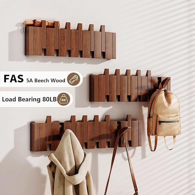 Wall Mounted Coat RackHooks Piano Key Hangers Natural Solid Wood Hanger Non-Woven Fabric Clothes Hangers for Closet, Kitchen, Bedroom, Bathroom, Entryway (Led Walnut, 4 Hooks)