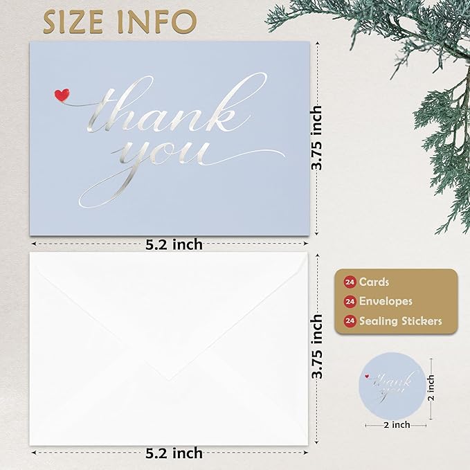 Cheerin 24 Pack Light Blue Thank You Cards With Envelopes Set - Elegant Silver Foil Thank You Notes for Wedding, Birthday and Baby Shower - Bulk Appreciation Cards 3x5 inch