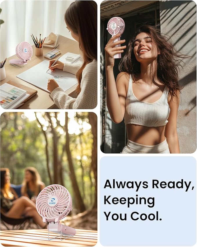 KIBEE Portable Handheld Fan - 5200mAh USB Rechargeable [20H Max Runtime] with Power Bank, Foldable 180° Mini Personal Fan, 3-Speed with Stand for Travel/Outdoor/Makeup/Concerts (Pink)