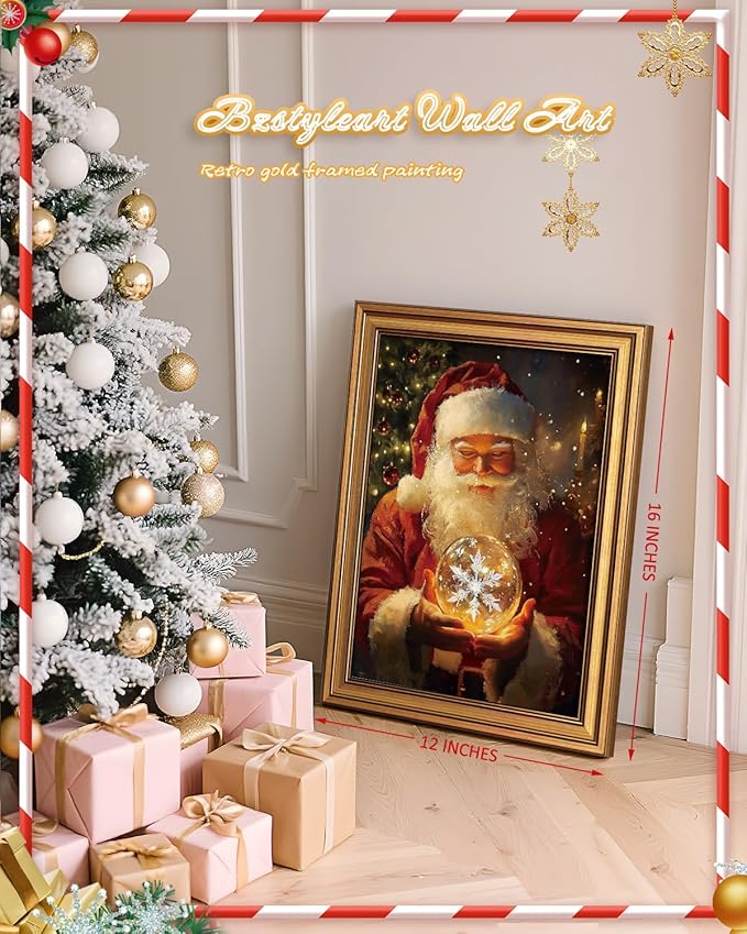 Bzstyleart Vintage Wall Art Decor,Vintage Chiristmas Wall Art Framed,12 x 16 Inch Framed Christmas Decorations Indoor Winter Decor,Christmas Santas Claus Holding a Glass Ball