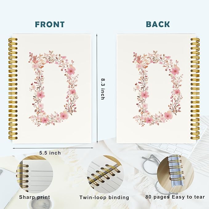 Pink Cute Spiral Notebook Journal, Preppy Floral Initial Letter D Personalized Journaling Notebooks, Monogrammed Gifts for Women Girls, Botanical Hardcover Spiral Lined Notebook 5.5 x 8.3