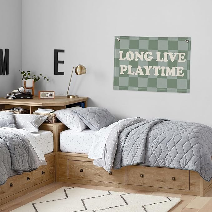 Long Live Playtime Banner, Boy Nursery Decor, Sage Green Blue Canvas Banner Wall Hanging Banner Flag Decor for Nursery Playroom Toddler Room, Boys Kids Room Decor, 26x19 Inch, Beige