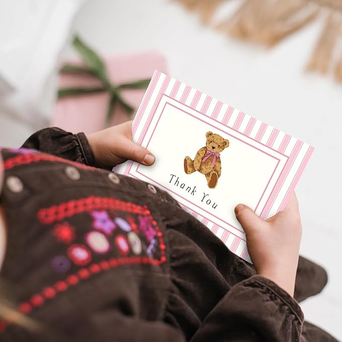 JarThenaAMCS 24 Pack Bear Thank You Cards Greeting Cards Pink Stripe Bear Blank Note Card with Envelopes Stickers for Birthday Baby Shower Party Supplies, 4 x 6 Inch