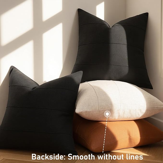 ZWJD Decorative Linen Throw Pillow Covers 18x18 Set of 2 Solid Handcrafted Striped Cushion Covers for Bed Soft Modern Farmhouse Neutral Pillowcase for Couch Bedroom Living Room Home Decor(Black)