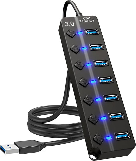 7-Port USB Hub 3.0 with 3.2ft Long Cable – Multi USB Port Hub Splitter with Individual On/Off Switches and Lights – High-Speed USB Multiport Adapter for Laptop, MacBook, Desktop, PC, Mac, PS5
