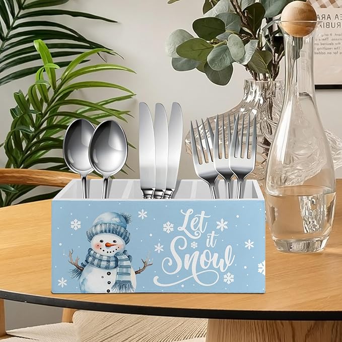 Blue Snowman Christmas Pen Pencil Holder Organizer for Desk Accessories, Snow Winter Christmas Wooden Box Sign Desk Decor for Home Office Decoration