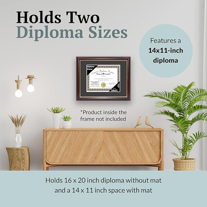 Creative Picture Frames 14x11 Mahogany Gold Rim Diploma Frame with White Mat Glass and Installed Wall Hangers | Frame Holds 16x20 Media without Mat