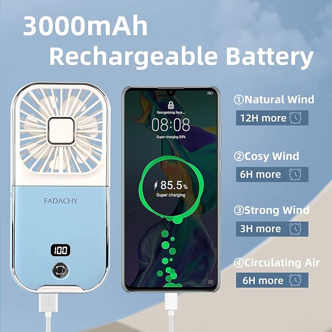 FADACHY Portable Fan Rechargeable, Mini Handheld Fan 3000mAh Battery Operated Small Desk Fan for Office Outdoor Indoor