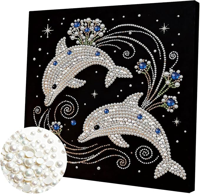 DIY Pearl Painting Kit with Wooden Frame, 3D Plastic Pearl Gemstone Ocean Art Craft for Adults Beginners, Diamond Art Kits for Adults, Home Wall Decor Ready Gift for Women(Dolphins)(30 * 30cm)