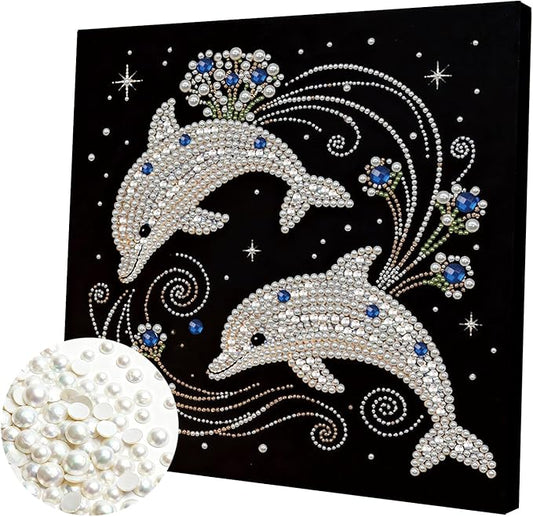 DIY Pearl Painting Kit with Wooden Frame, 3D Plastic Pearl Gemstone Ocean Art Craft for Adults Beginners, Diamond Art Kits for Adults, Home Wall Decor Ready Gift for Women(Dolphins)(30 * 30cm)