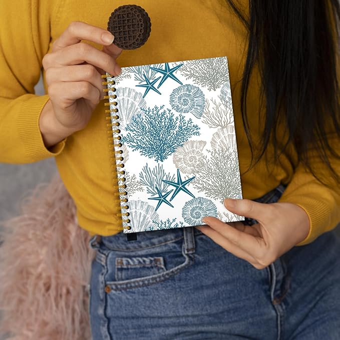 Vintage Beach Ocean Notebook, Ocean Themed Gifts Journal, Preppy Beachy Nautical Journal, Beach Office Decor, Coastal Starfish Carol Seashell Hardcover Spiral Notebooks, 5.5x8.3 Inch