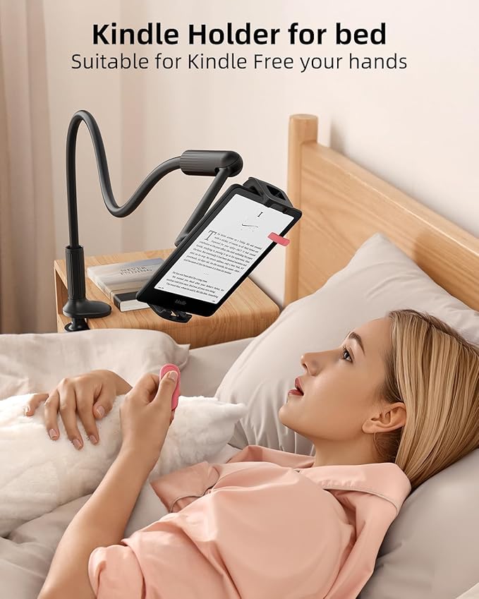 SAIJI 47" Gooseneck Kindle Holder, Tablet Holder for Bed with Upgraded Base, iPad Stand with Flexible Lazy Arm, Compatible with iPad/iPhone/Kindle/Switch or Other 4.7-11" Device (Black)