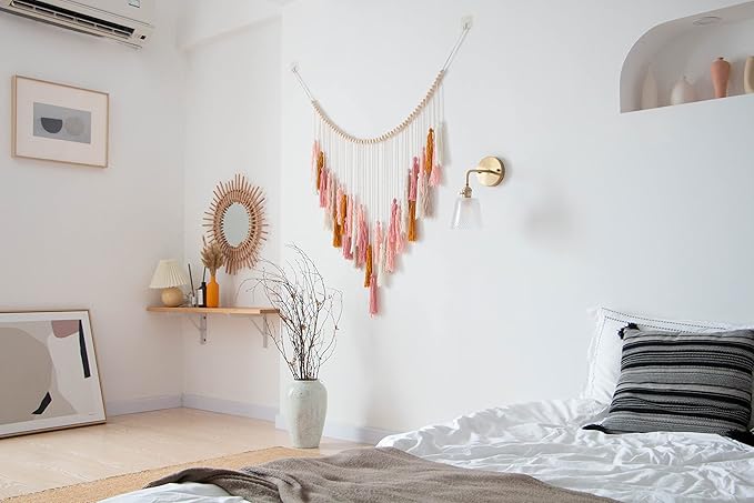 Decocove Macrame Wall Hanging - Large Macrame Wall Hanging with Wood Beads - Bohemian Wall Decor for Bedroom, Living Room and Kitchen - Pink and Gold- 35'' x 36''