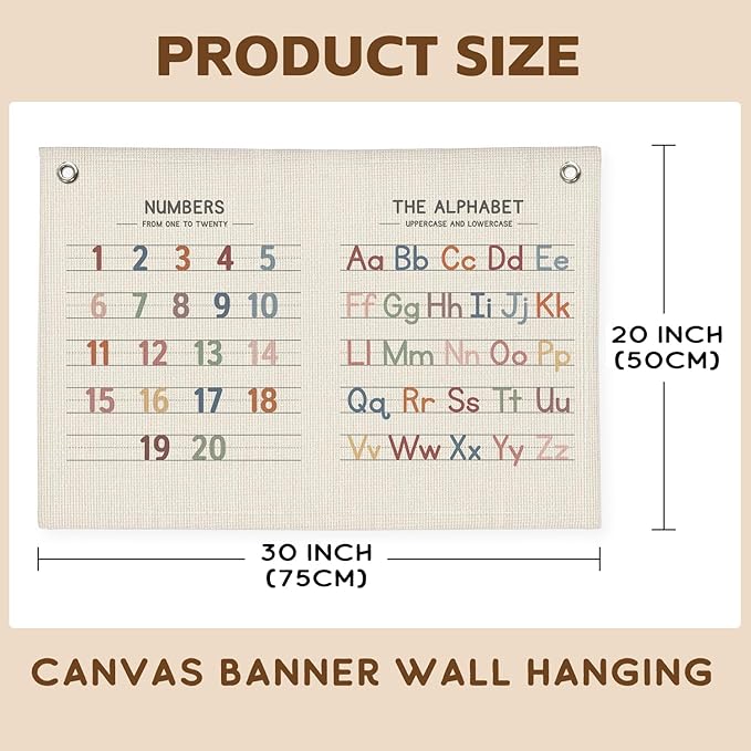 Playroom Wall Decor, Alphabet Poster Alphabet Numbers Banner, Nursery Wall Decor, ABC Canvas Banner Wall Hanging Banner Flag Decor for Toddler Playroom Nursery, 30x20 Inch, Beige
