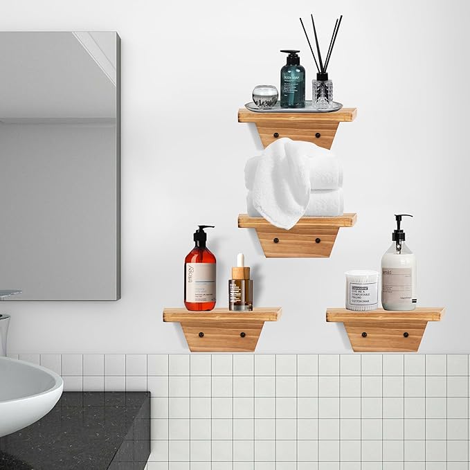 PHOENANCEE Small Floating Shelves,Speaker Shelf,Trapezoid Wall Shelf for Table Lamp Plants Display,Decorative Wood Ledges Chic for Living Room,Bedroom,Kitchen,Pine,8x6 Inch,4 Pack(Carbonized Brown