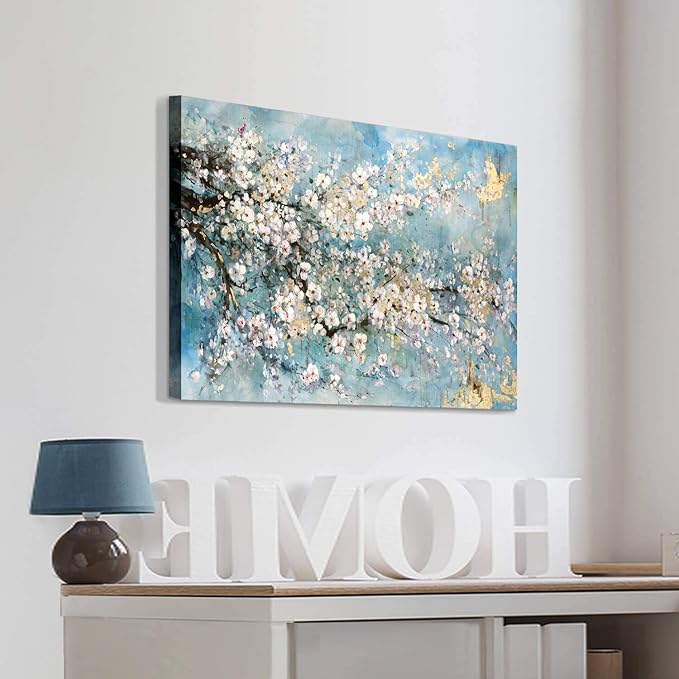 ARTISTIC PATH Abstract Canvas Painting Flower Picture: Teal Floral Golden Foil Wall Art on Canvas for Office (36''W x 24''H,Multi-Sized)