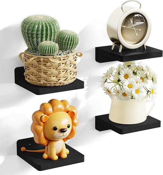 SRIWATANA Small Floating Shelves Wall Mounted, Wood Shelf for Decoration and Storage Set of 4, Mini Display Shelf for Bedroom, Bathroom, Kitchen, Office (Black, 5 inch)