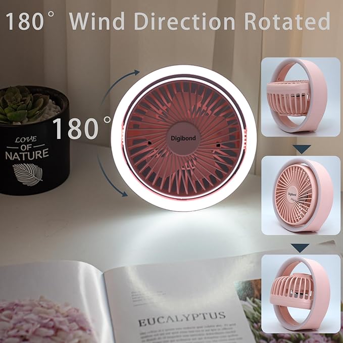 Pink Desk Fan, Small Quiet with Ambient Light/Hook Portable USB Fan 5.3in High Power 3000mAH Rechargeable Battery Operate 3 Speed 180°Rotated Easy Clean