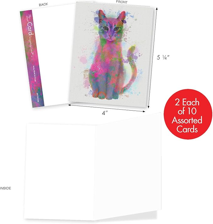 The Best Card Company 20 Assorted Blank Notecards Bulk Box Set 4 x 5.12 Inch with Envelopes (10 Designs, 2 Each) Funky Rainbow Cats AM6199OCB-B2x10