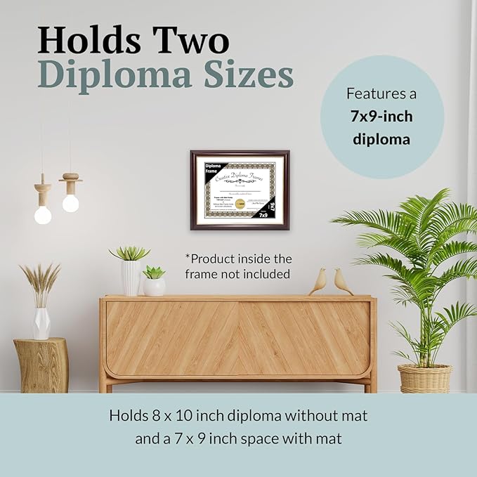 Creative Picture Frames 7x9 Mahogany Gold Rim Diploma Frame with White Mat Glass Easel and Installed Wall Hangers | Frame Holds 8x10 Media without Mat