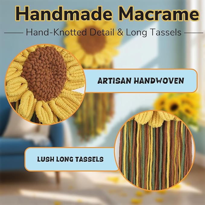 Macrame Sunflower Wall Hanging Handmade Woven Flower Home Decor Tassle for Room Office(12.9" x19.68" Inches)